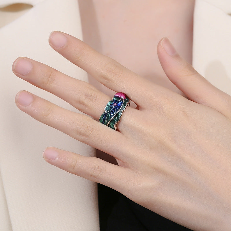 Vintage Thai Silver Cloisonne Lotus Ring Six Words Mantra Ethnic Style Adjustable Copper Flower Jewelry Gifts