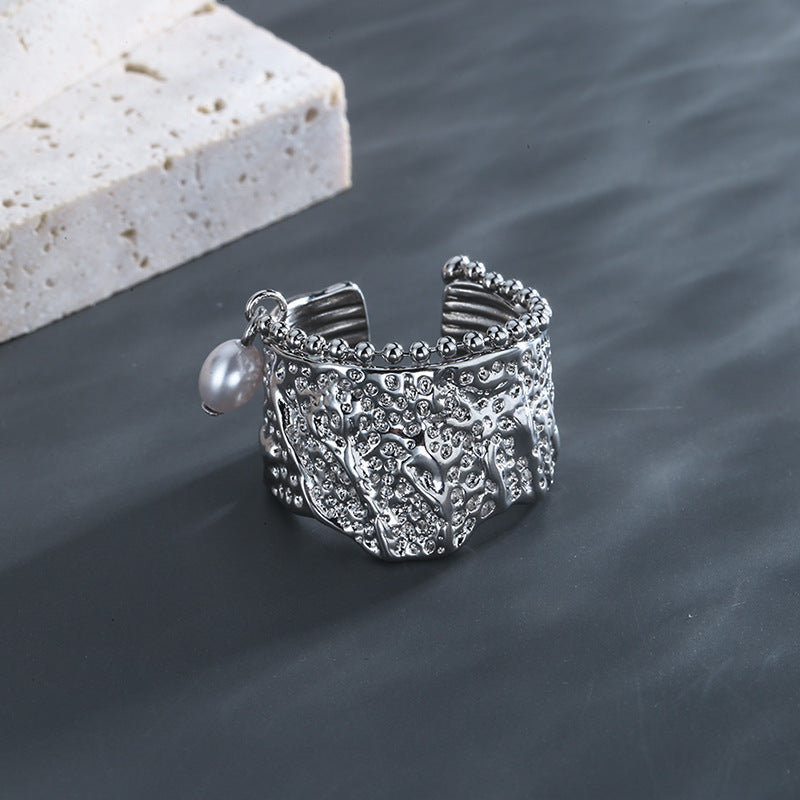 Womens Copper Ring With Pearl Inlay Pearl Korean Geometric Ring Irregular Index Finger Pearl Ring Fashion Ring