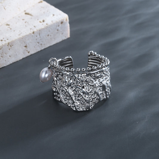 Womens Copper Ring With Pearl Inlay Pearl Korean Geometric Ring Irregular Index Finger Pearl Ring Fashion Ring