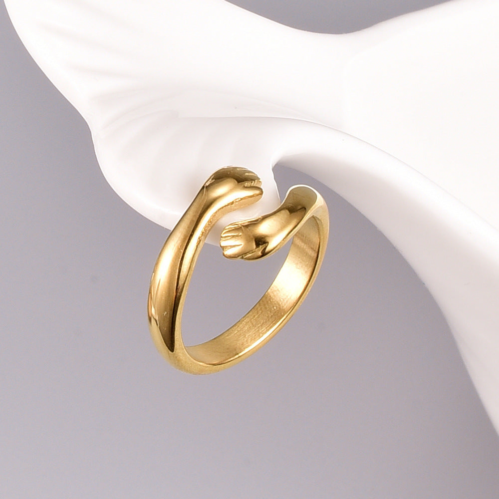Womens Cuddle Hug Ring Titanium Steel 18K Gold Plated Fashion Statement Jewelry Gift Durable High Quality Soon