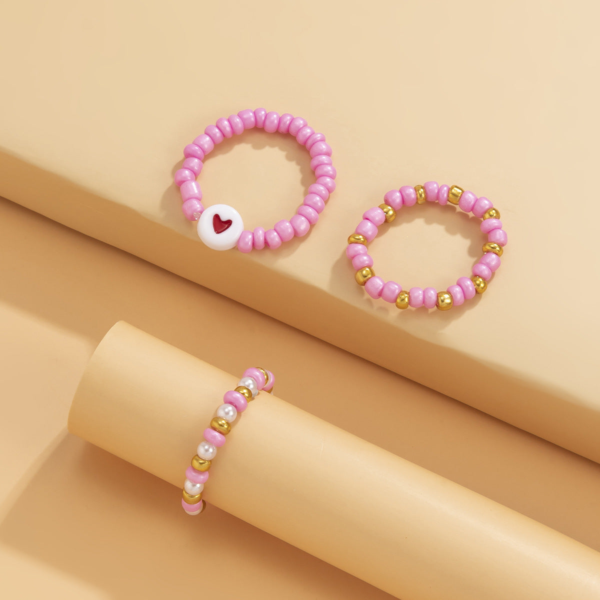 Heart Shaped Rings Set for Women Pink Rice Bead Acrylic Jewelry Set of 3 Cute Heart Rings Ideal Gift for Women