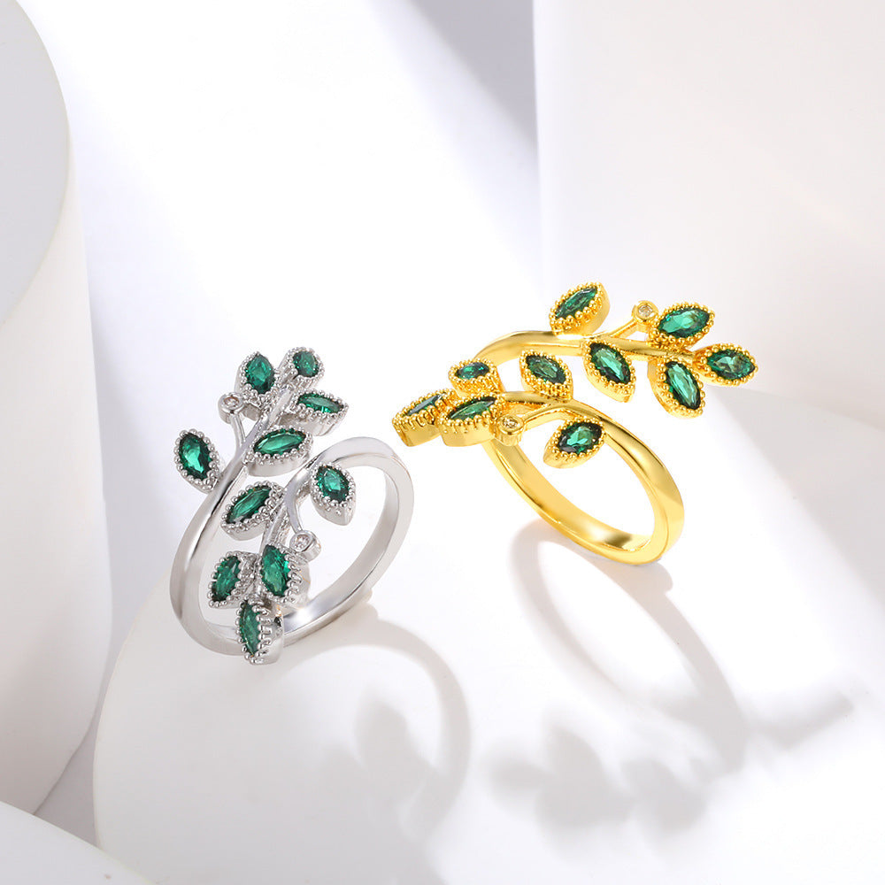 Zircon Leaf Cross Ring For Women Adjustable Switchable Index Finger Gold Plated Ornament With Elegant Sparkles