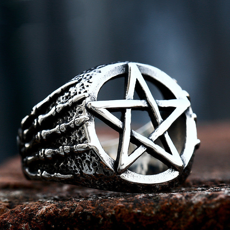 Vintage Stainless Steel Hand Bone Pentagram Ring For Men Silver Star Shape Jewelry US 7 8 9 10 11 12 13 RingX1