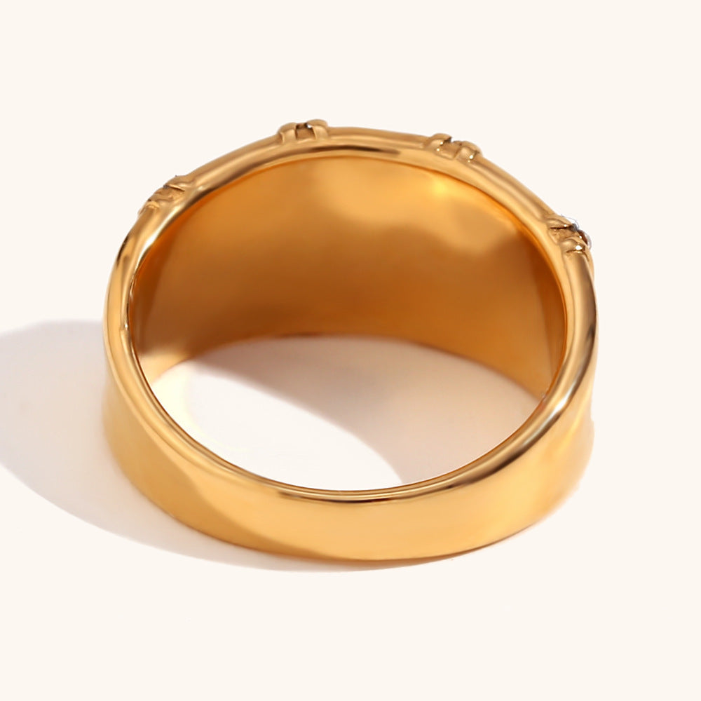 Stainless Steel Ring With Vertical Stripes Micro Inlaid Rhinestones 18K Gold Plating Band For Women Glam Style