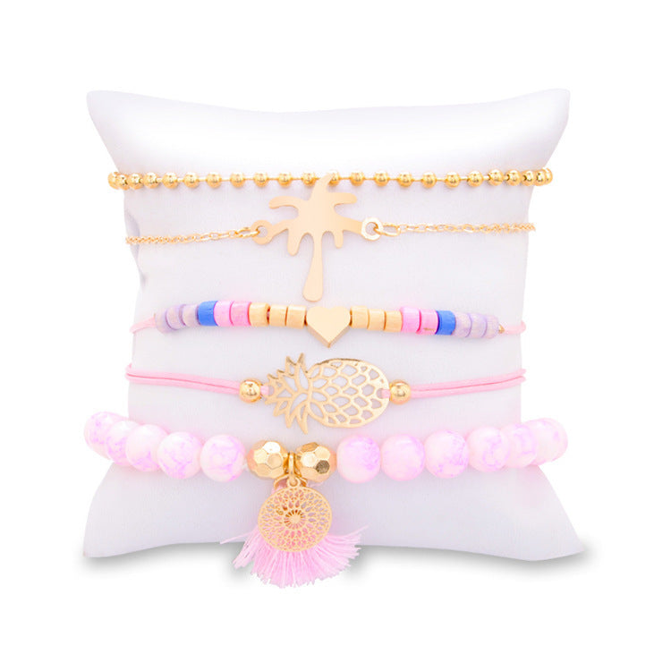 WomensOnly Bohemian Turquoise Electroplated Alloy Bracelet Pineapple Heart Coconut Fringe for Summer Beachwear