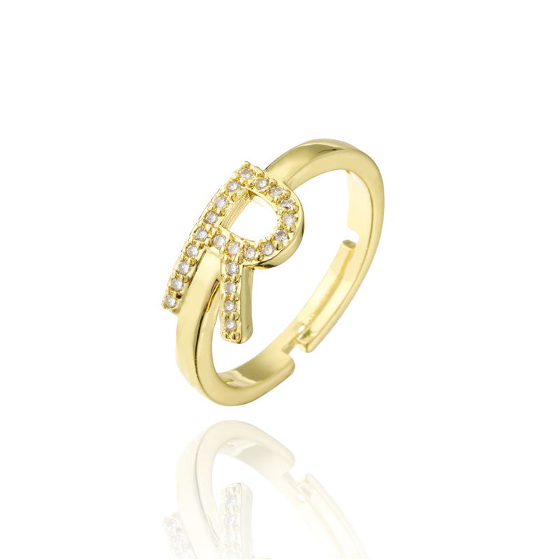 Adjustable Letter Ring Zircon Inlay Copper Jewelry