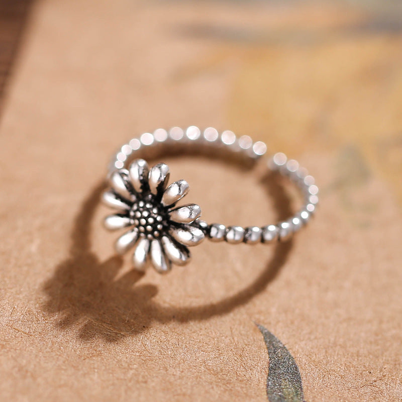 Sunflower Vintage Ring 925 Sterling Silver Adjustable Opening Jewelry For Dainty Fingers With Sunflower Motif Stylish