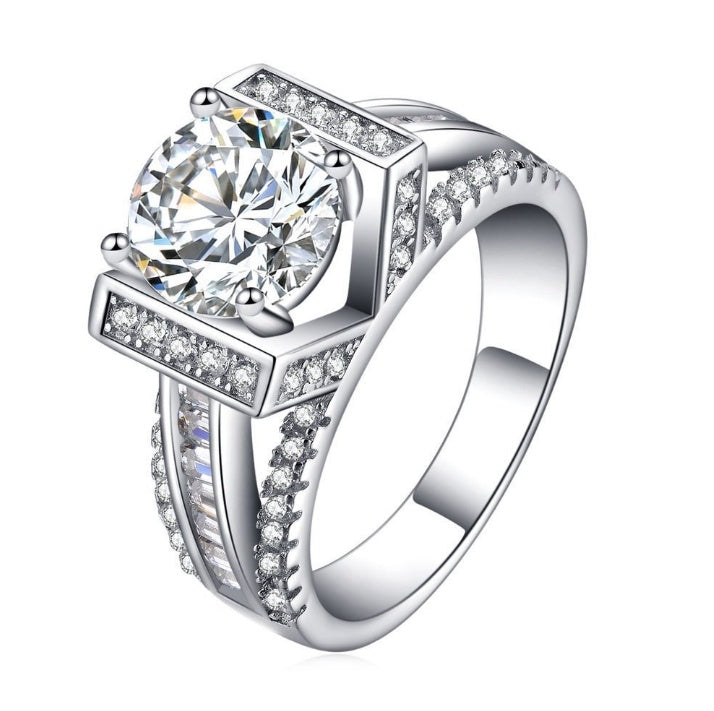 Zircon Ring Gold Plated Copper With Diamond Look For Couple Wedding Engagement Fashion Jewelry Durable Silver Tone