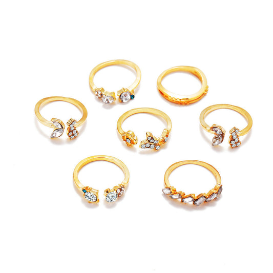 Vintage Crystal Rings Set 7 Piece Butterfly Floral Alloy Jewelry For Women European Retro Style For Daily Wear