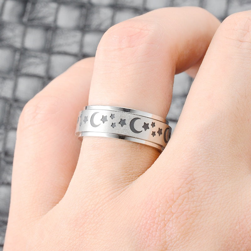 Rotating U Shape Stainless Steel Ring With Moon Design And Lightning Accent Plus Cat Detail Geometric Elements