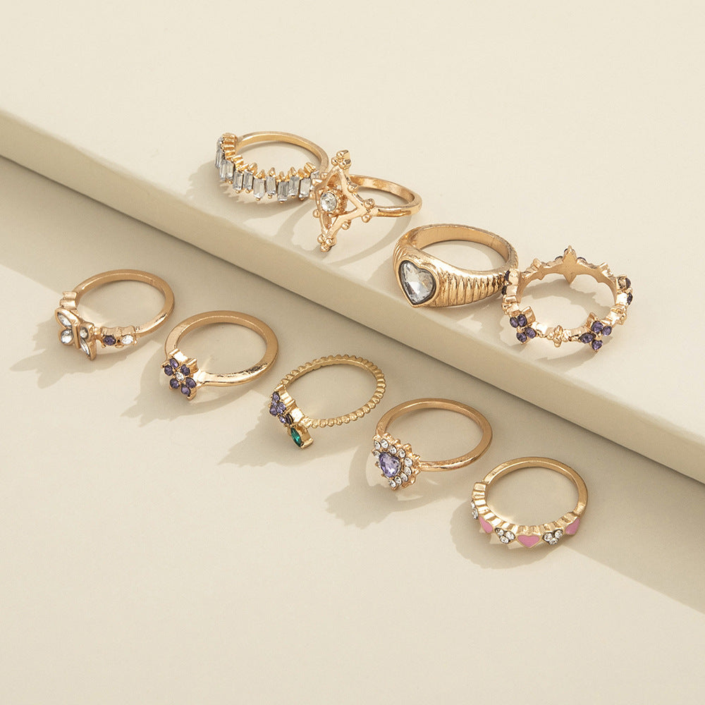 Women Geometric Alloy Ring Set Of Nine Rings With Grape Flower Design And Diamond Accents Fashion Jewelry Sets