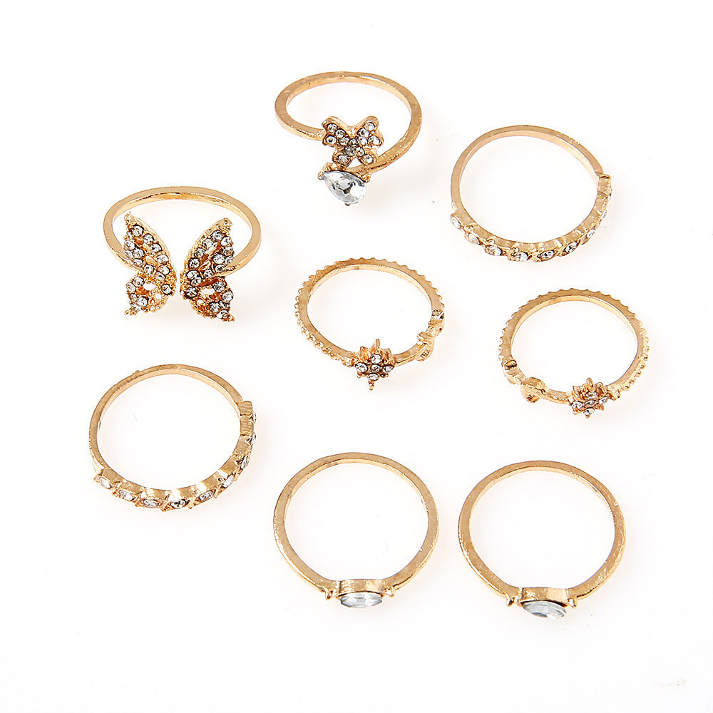 Womens Butterfly Flower Ring Set Vintage Alloy Jewelry 8 Piece With Artificial Gem Inlays For Wedding And Festive Wear