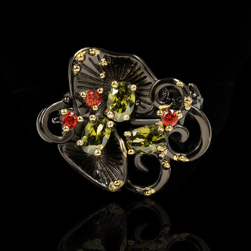 Vintage Brass Ring With Onyx And Zircon Carved Gemstone For Fashion Women European And American Style Timeless