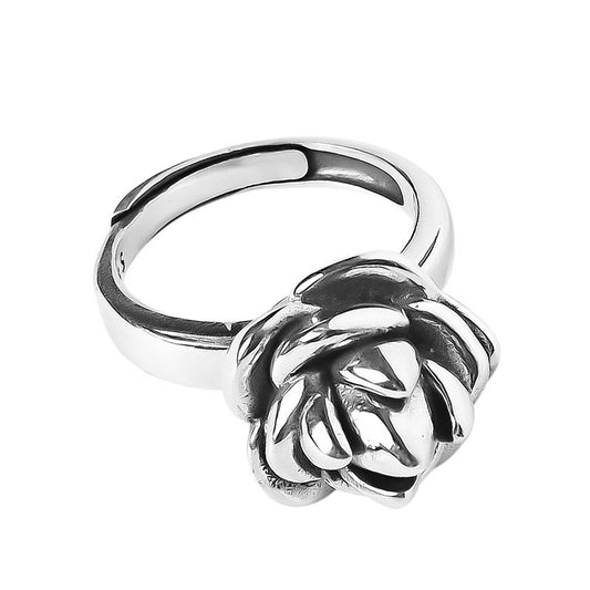 Women Retro Exaggerated Peony Flower Ring in Thai Silver Plating Vintage Style Vintage Silver Finish for Daily