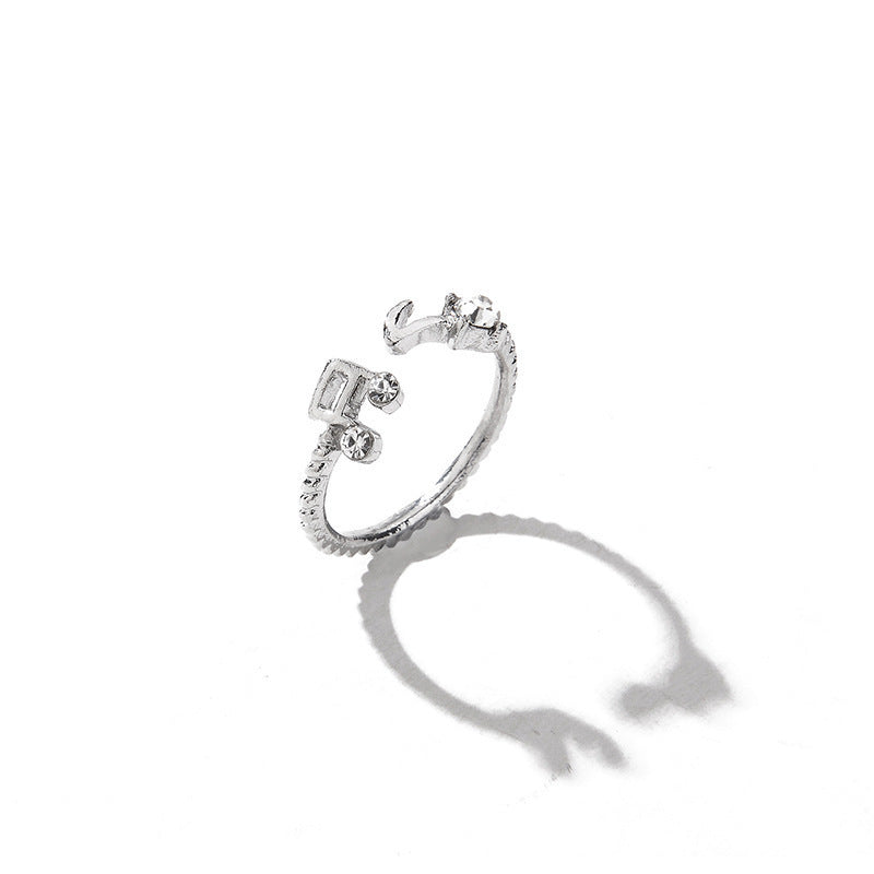 Unisex Adjustable Alloy Ring With Rhinestones Korean Letter Number Text Design Electroplating Gem Artificial Gem Inlay