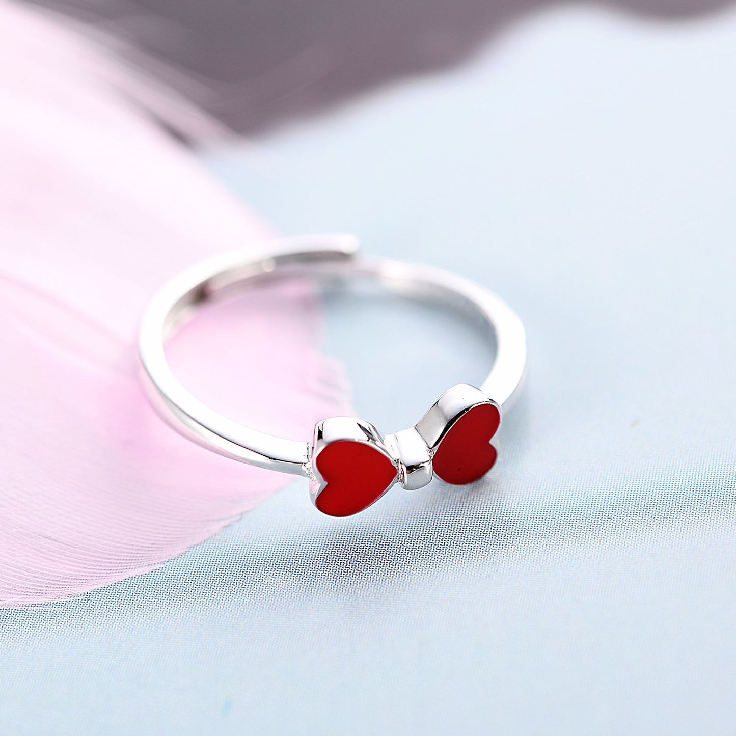 925 Sterling Silver Ring With Epoxy Bow Design Adjustable Opening Heart Shaped Ring Korea Jewelry Red Pink For