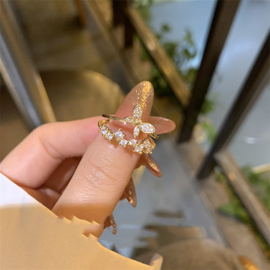 Korean Copper Double Layered Diamond Ring Non Inlaid Design With Open Butterfly Motif For Women Fade Resistant Jewelry