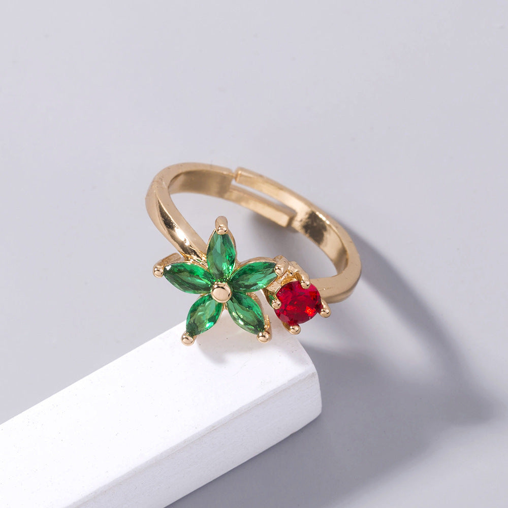 Gold Flower Ring Adjustable Copper Zircon Geometric Electroplated Fashion Jewelry for Women Sparkling Zircon Gem