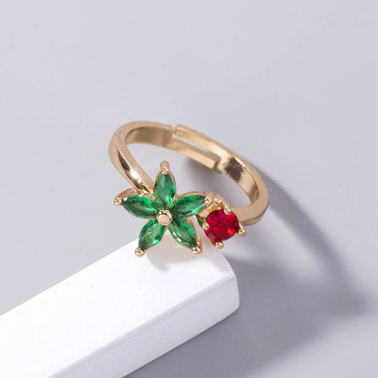 Gold Flower Ring Adjustable Copper Zircon Geometric Electroplated Fashion Jewelry for Women Sparkling Zircon Gem