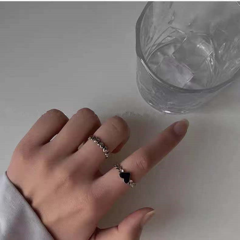 Womens Alloy Love Heart Rings Set Adjustable Opening Vintage Style Drip Oil Flat Design Fashion Jewelry Women