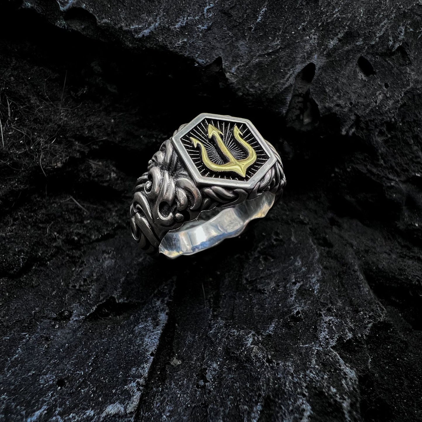 Mens Ring Design Copper Unique Unisex Opening Durable Fashion Jewelry Trident Geometric Statement Electroplated