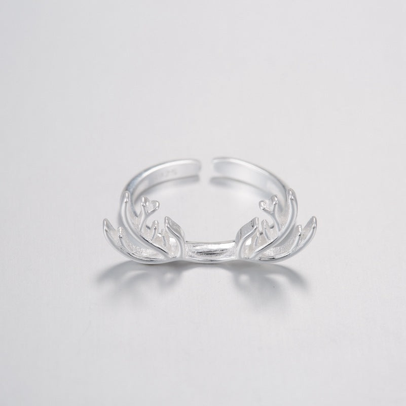 Womens Adjustable Ring Silver Deer Head Ring Copper Antler Ring Animal Ring For Women Girls Gift Electroplated