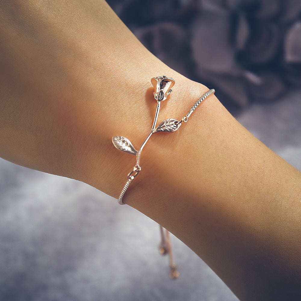 Womens Rose Bracelet Elegant Alloy Metal Electroplated Korean Design Bangle Delicate Rose Flower Adjustable Fashion