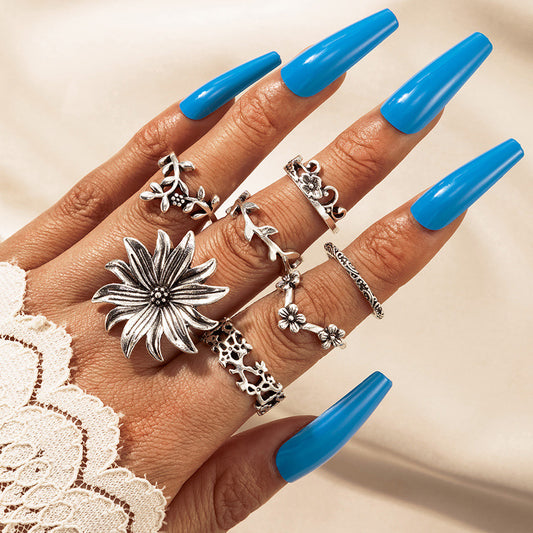 Bohemian Rings Set Geometric Flower Accents Silver Tone