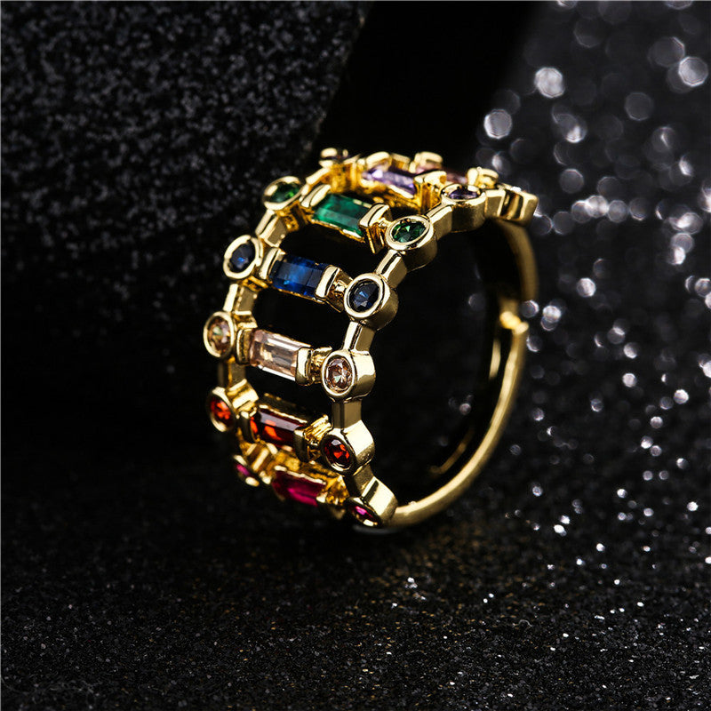 Rainbow Color Crystal Zircon Ring Copper Style Simple And Stylish Electroplated Inlay Jewelry For Daily Wear S