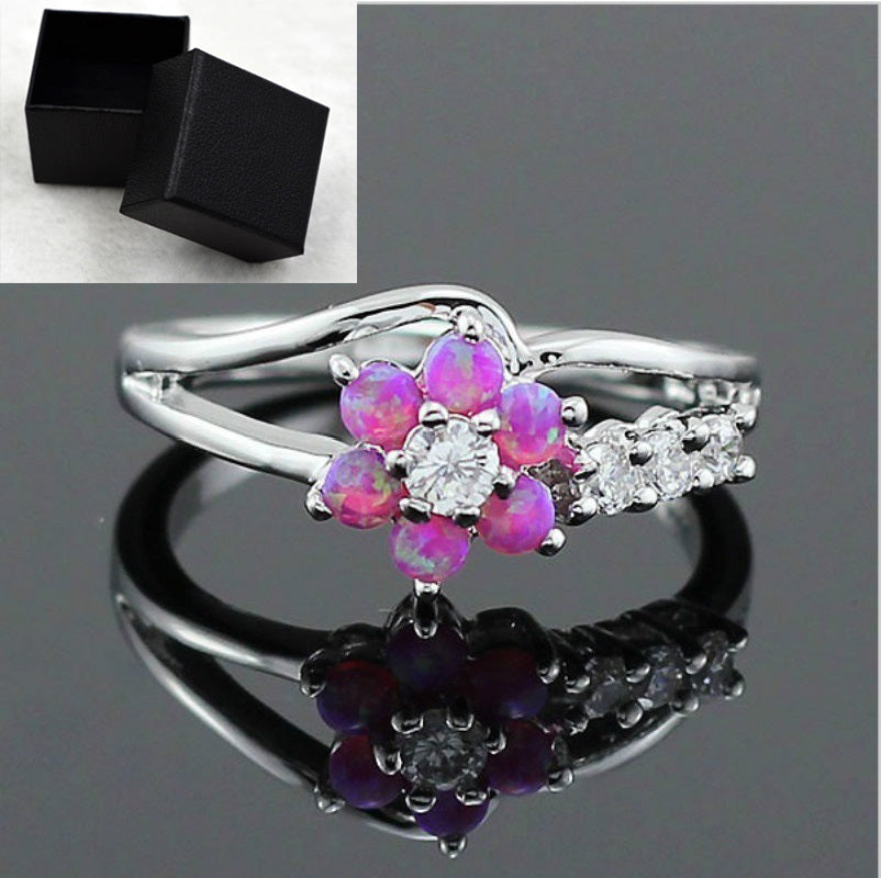 Womens Flower Opal Ring Gold Plated Zircon Jewelry Elegant