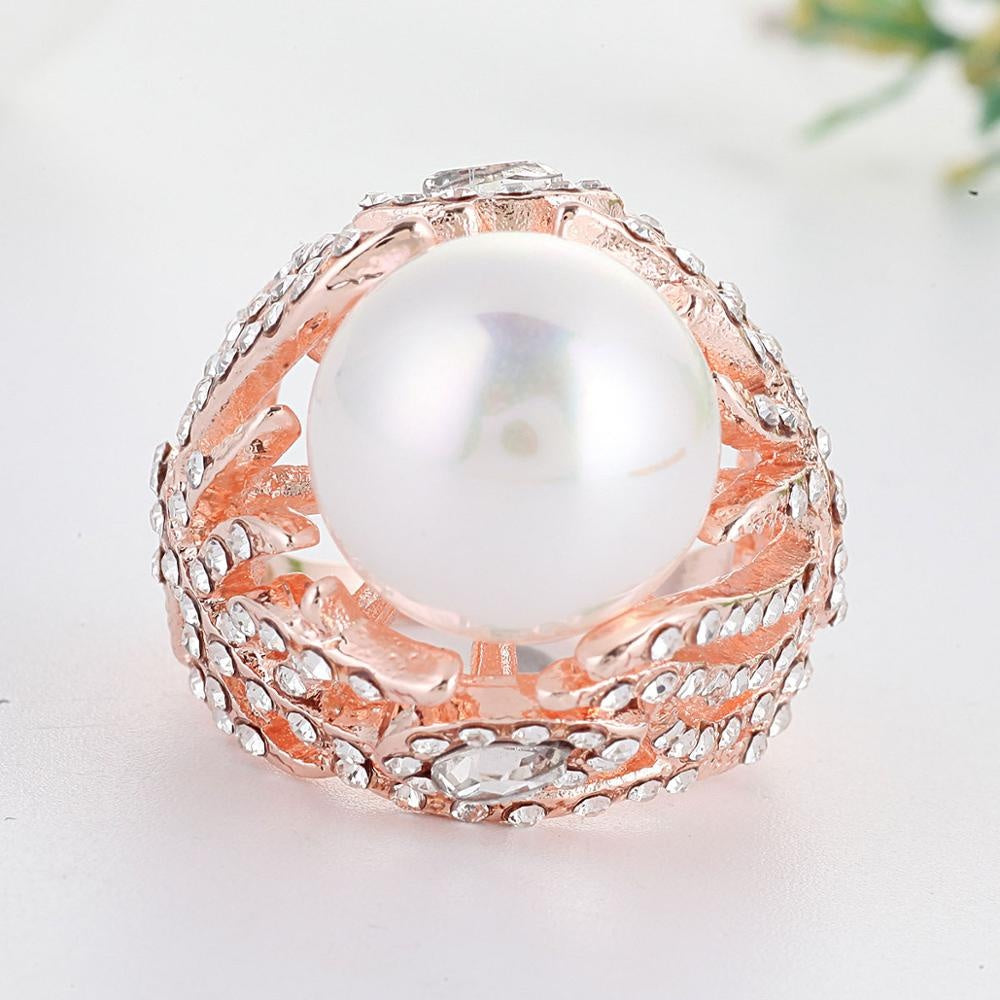 U Shaped Pearl Rings With Graceful Feather Design And Gem Inlay In Rose Gold Plated Alloy Jewelry Gift For Her