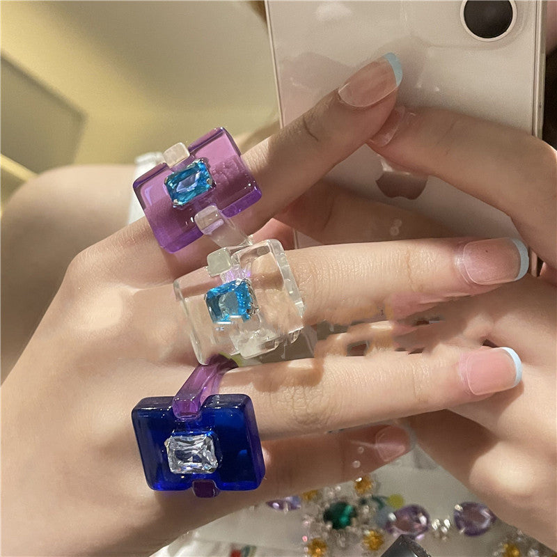 Womens Acrylic Square Ring Geometric Gemstone Fashion Statement European American Design Versatile Jewelry Accessory
