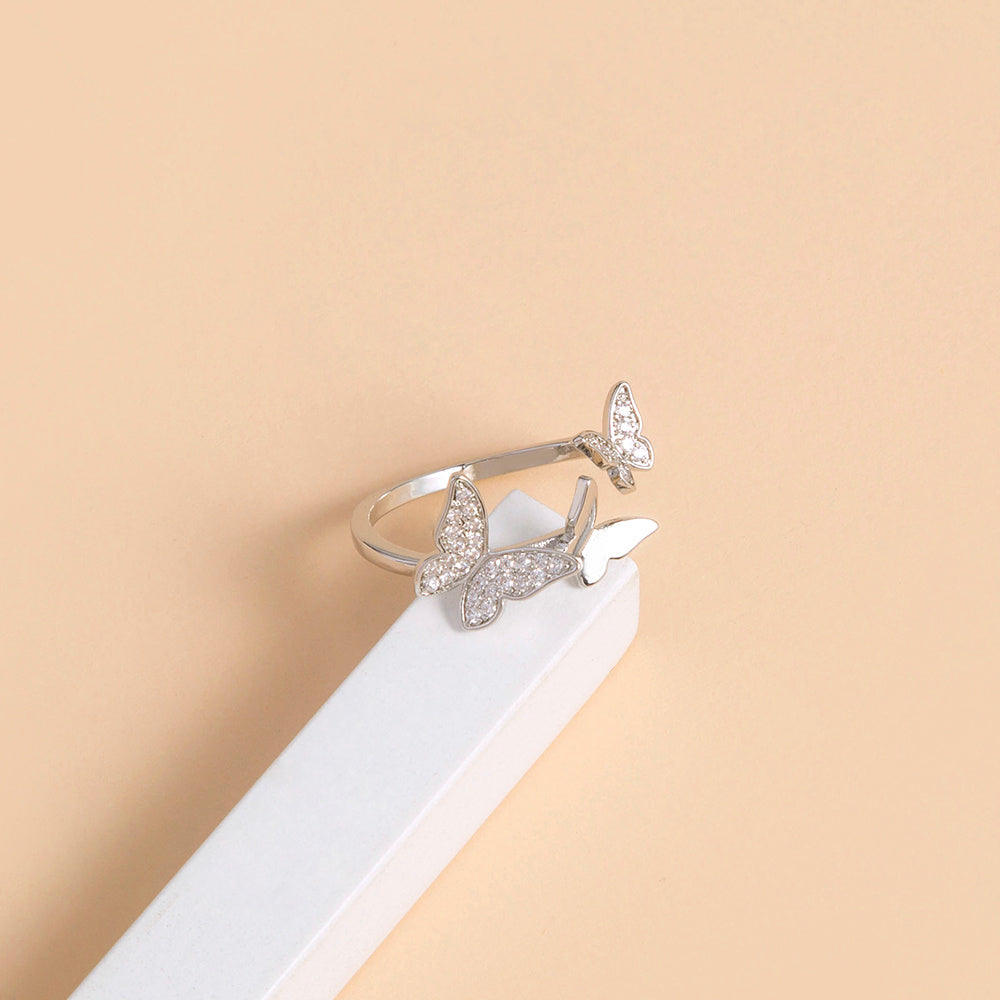 Sparkly Zircon Butterfly Ring Open Adjustable Copper Electroplated European Style Fashion Accessory Gift for Her