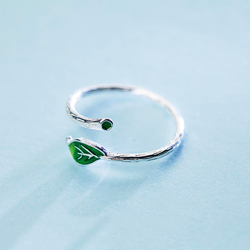 Green Leaf Open Ring for Women Simple Branch Design Artistic Leaf Copper Jewelry Graceful Leaf Pattern Jewelry
