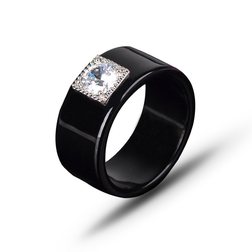Couple Rings Geometric Alloy Ring Set With Inlaid Zircon Stones Chamfered Square Pattern Elegant Matching Bands Black