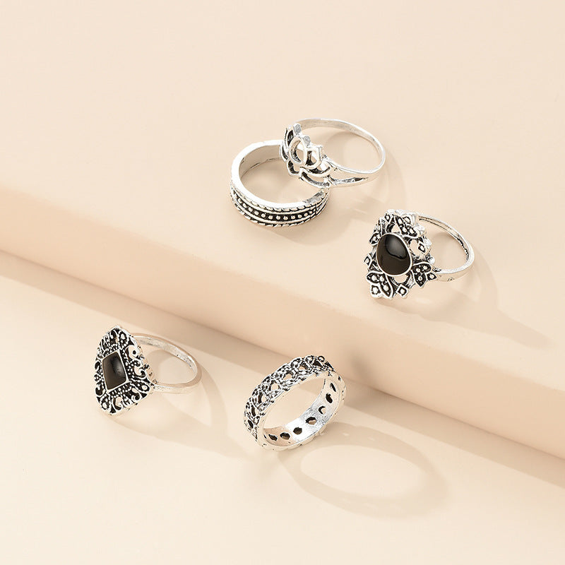 Geometric Flower Hollow Ring Electroplated Alloy European Style Fashion Statement Ring For Women Retro Design Trend