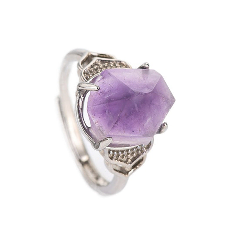Amethyst Ring Adjustable White Copper Inlaid Crystal Geometric Design For Women Jewelry Elegant Crystal Detail