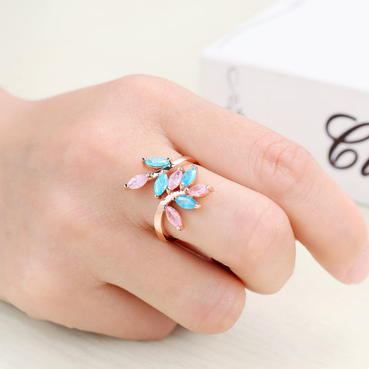 Women Rose Gold Plated Zircon Ring Adjustable Ice Flower Design Pink Blue Gemstone Jewelry Gift An Elegant Gift Idea
