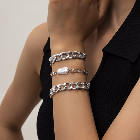 Women Bracelet Set Metal Bangle With Imitation Pearl Charm