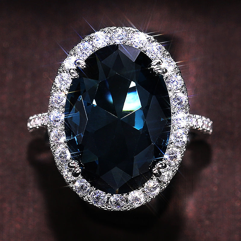Womens Elegant Egg Shape Peacock Blue Zircon Ring Gold Plated Copper Fashion Jewelry Statement Accessory Gift For Her