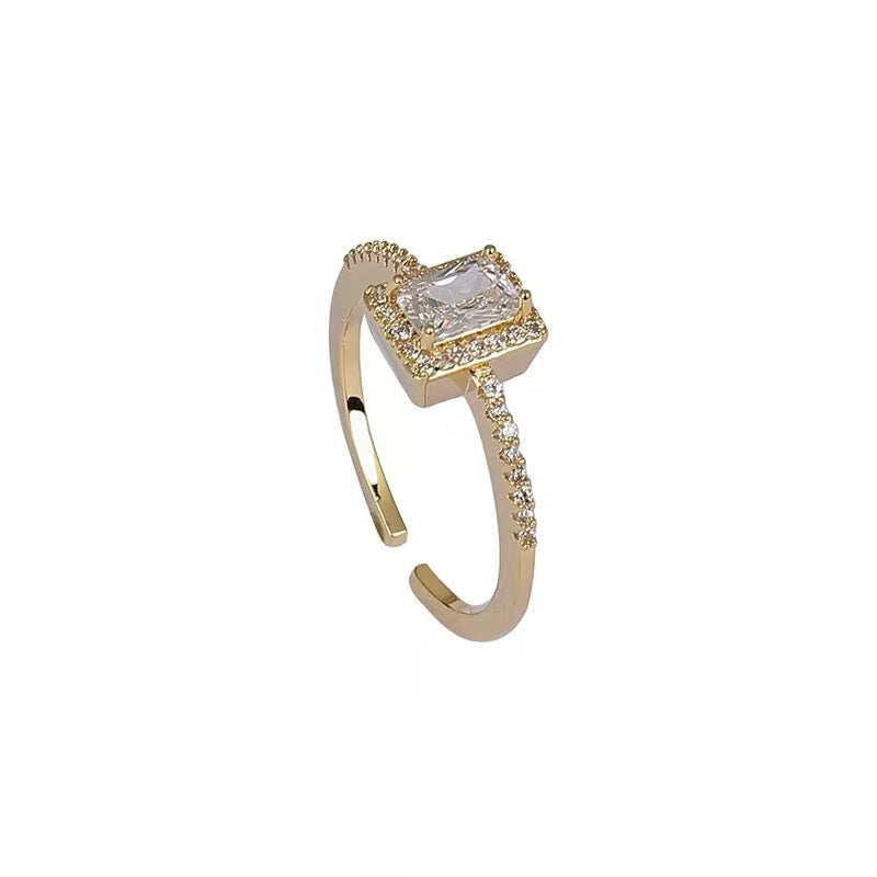 Womens Zircon Ring Adjustable Square Diamond Jewelry Korean Style Geometric Design Exquisite Fashion Gold Tone