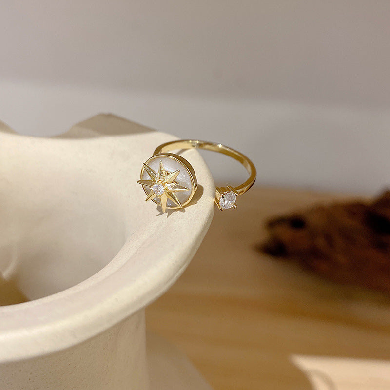 Womens Eight Pointed Star Rotating Ring Adjustable Opening Gold Plated Copper Ring Zircon Japanese Korean Fashion