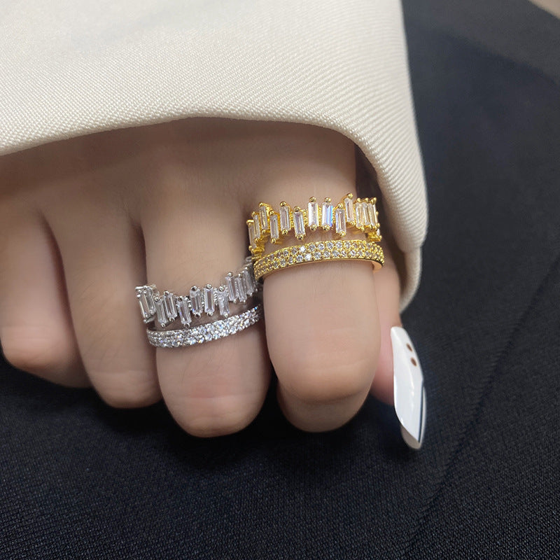 Women Double Ring Zircon Studded Irregular Rectangular Geometrical Silver Plated Fashion Jewelry Everyday Wear