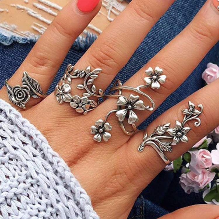 Antique Silver Hollow Flower Ring Set 4 Piece Alloy Rings for Women Girls Trendy Electroplated Jewelry Edition