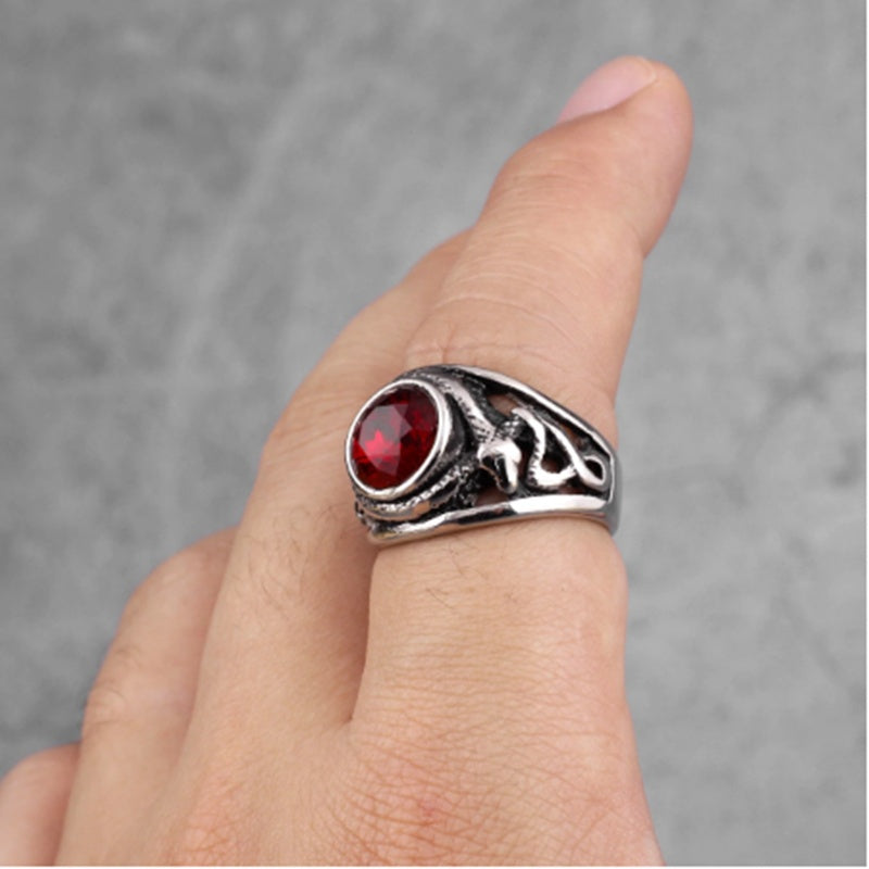 Mens Titanium Steel Ring Retro Gem Snake Design Geometric European Styles Red Diamond Accent Seven To Thirteen