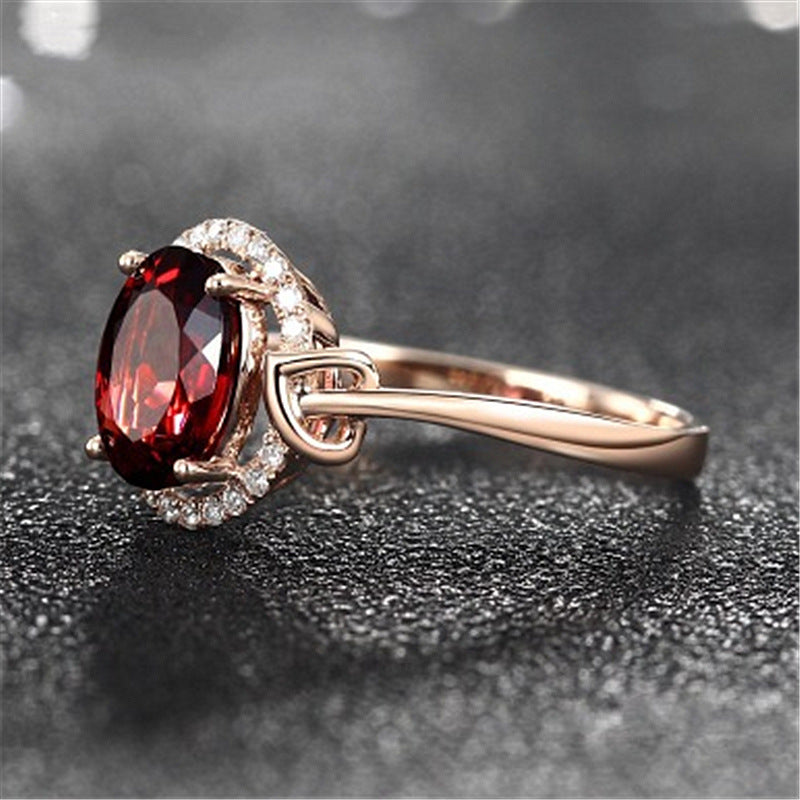Red Crystal Flower Ring 18K Rose Gold Plated Womens Elegant Dainty Engagement Anniversary Jewelry Gift For Her