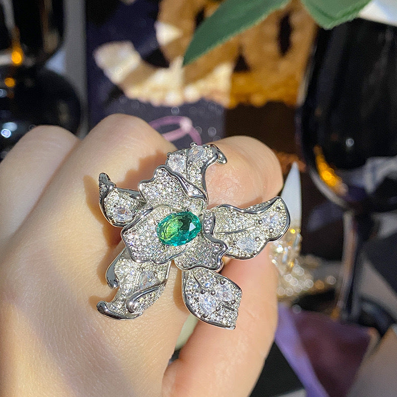 Womens Starfish Flower Zircon Ring Inlaid Copper High Quality Elegant Design Jewelry For Daily Wear Style Chic