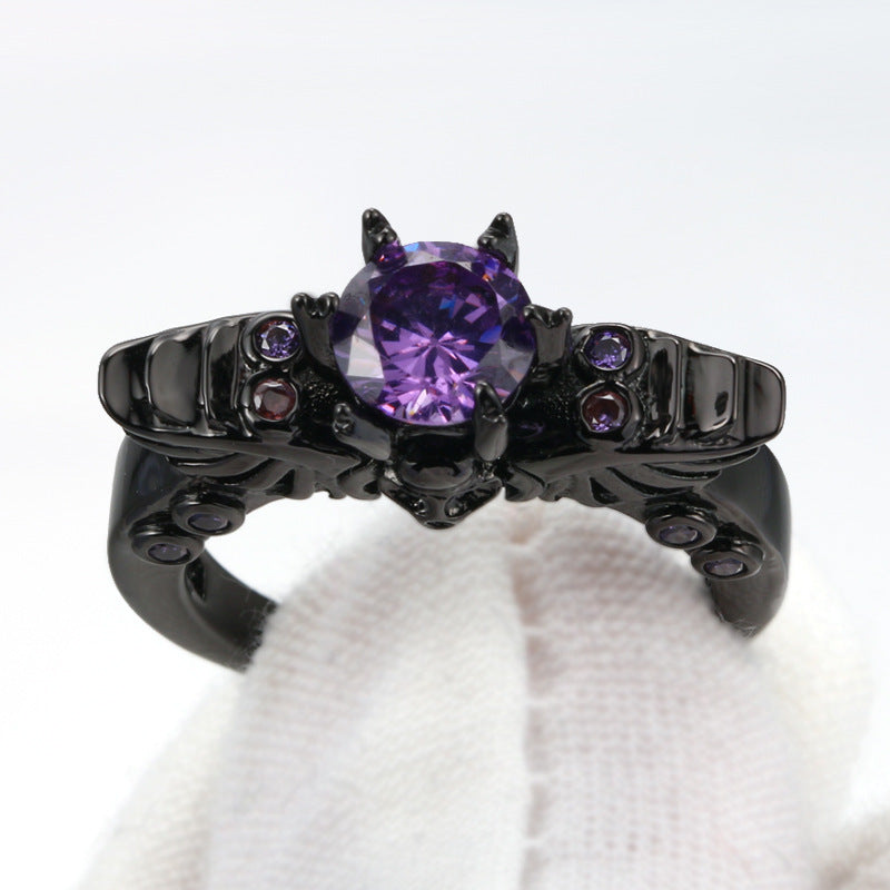 Vintage Enamel Ring Black Gold Plated with Purple Zircon Stone Fashion Jewelry Ring for Women and Girls Black Gold Ring with Inlaid Zircon