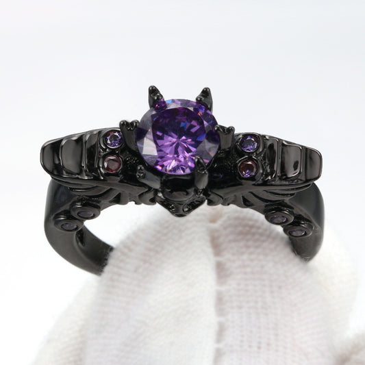Vintage Enamel Ring Black Gold Plated with Purple Zircon Stone Fashion Jewelry Ring for Women and Girls Black Gold Ring with Inlaid Zircon