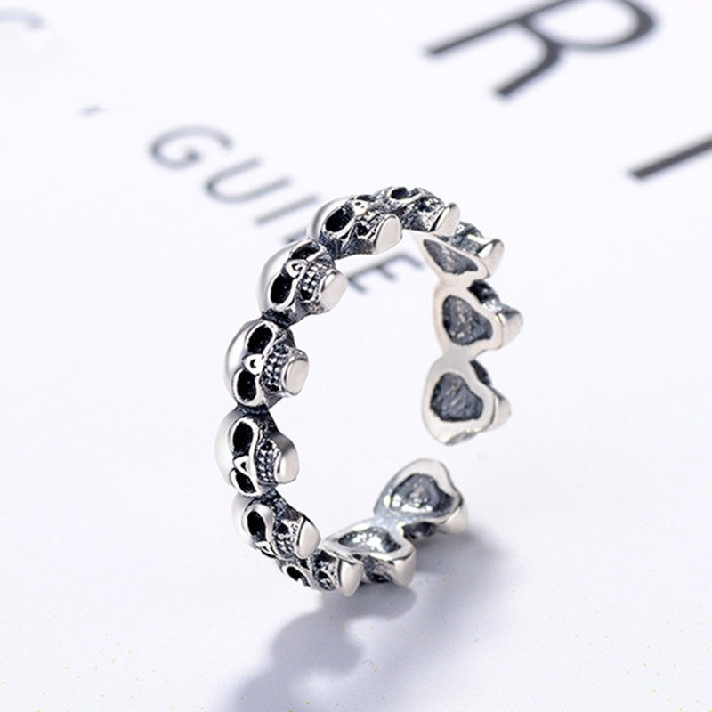 Unisex S925 Sterling Silver Skull Ring Adjustable Opening Retro Distressed Marcasite Jewelry Travel Commemoration